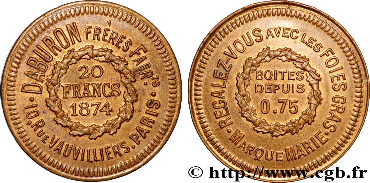 PUBLICITÉ ET JETONS PUBLICITAIRES 20 Francs, Daburon Frères Fabricants TTB+