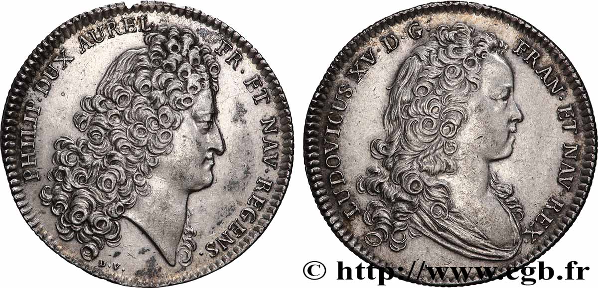 PHILIPPE D ORLÉANS et LOUIS XV Jeton Ar 29, le régent Philippe d’Orléans TTB+