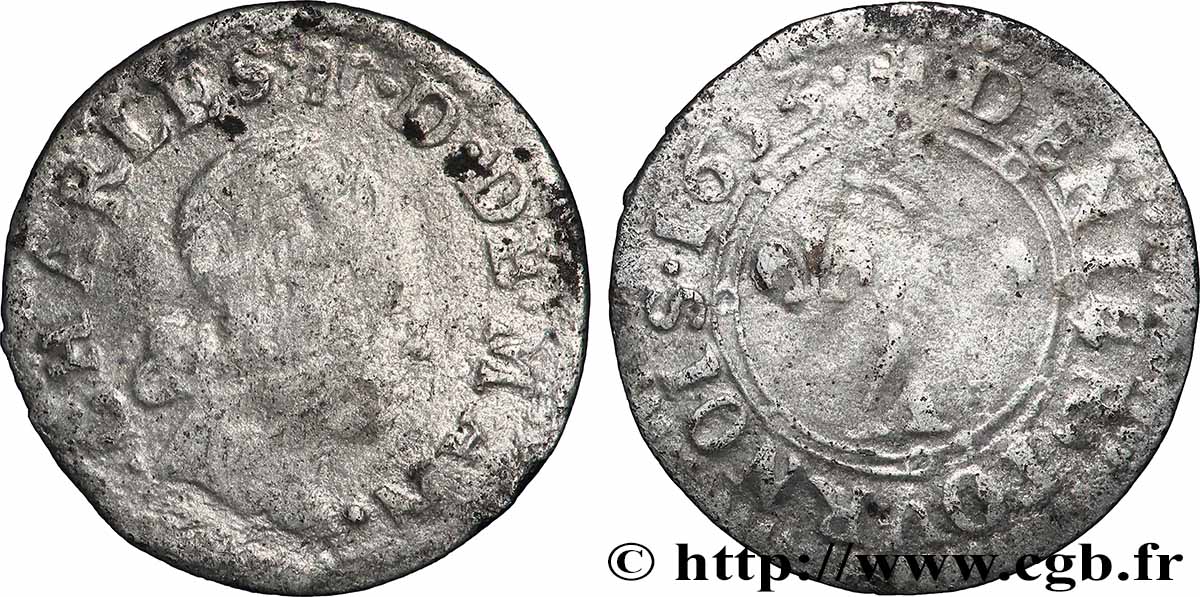 ARDENNES - PRINCIPAUTÉ SOUVERAINE D&nbsp;ARCHES-CHARLEVILLE - CHARLES II DE GONZAGUE Denier tournois, type 3, transformé en denier à épouser BC+