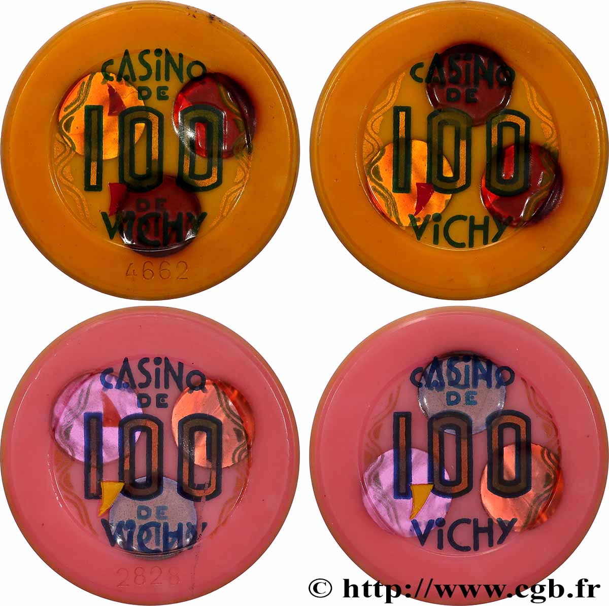 CASINOS AND GAMES Lot de 2 jetons, Casino de Vichy, 100 AU