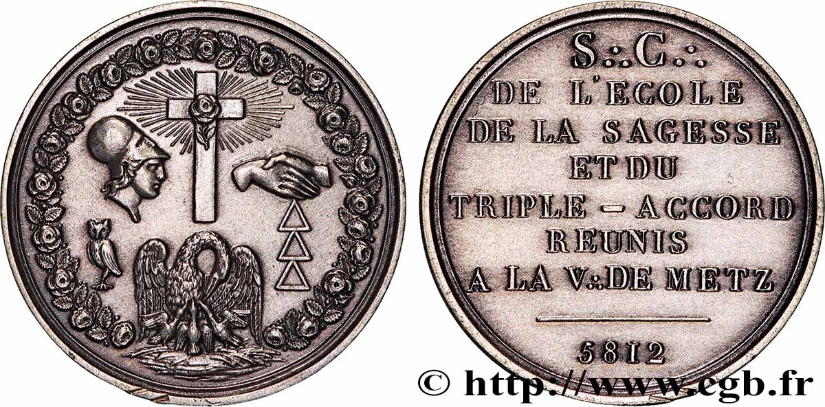FREEMASONRY METZ, L’ECOLE DE LA SAGESSE ET LE TRIPLE ACCORD REUNIT, refrappe n°136 AU