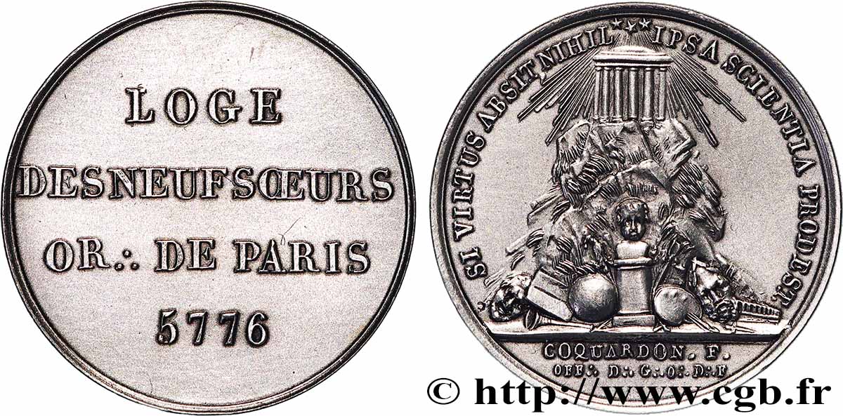 FRANC-MAÇONNERIE - PARIS Loge des Neuf Sœurs, refrappe n°96 SPL