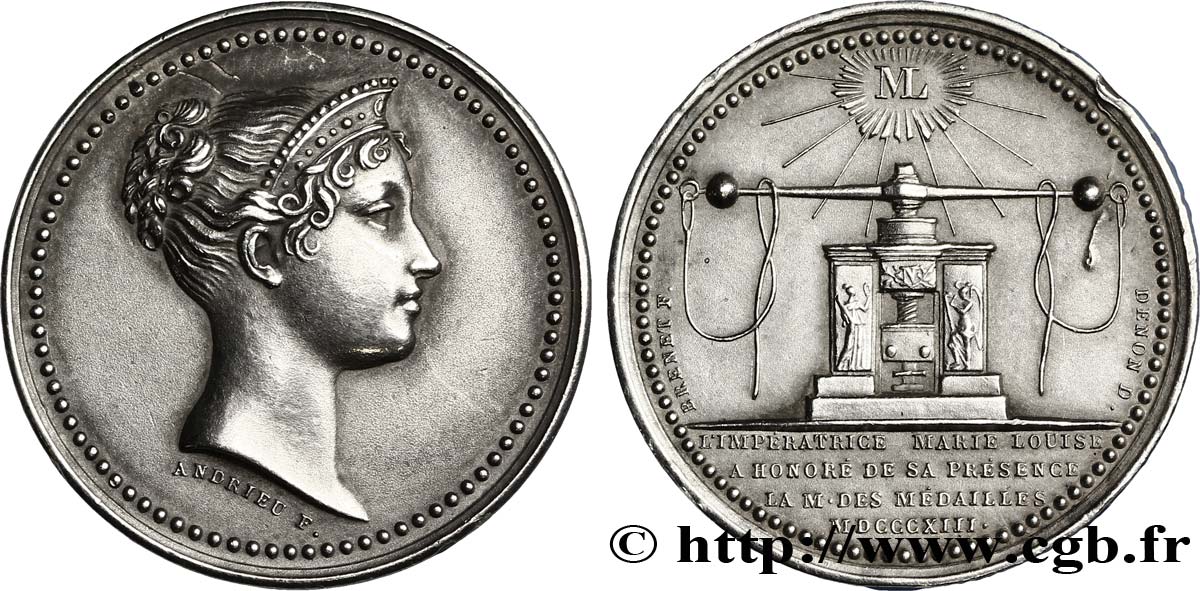 PREMIER EMPIRE. Napoléon Empereur tête nue - Calendrier Républicain Marie-Louise visite la Monnaie, flan brillant VZ