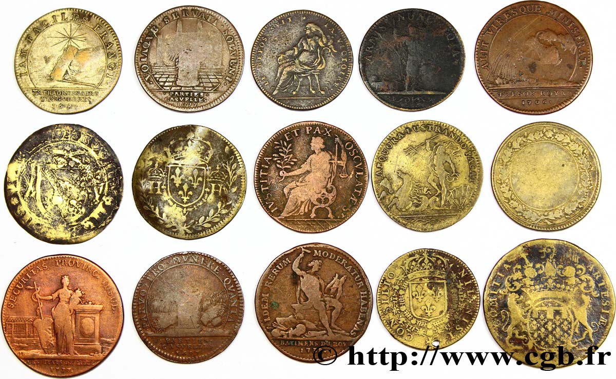 LOTS Lot de quinze jetons royaux états et métaux divers 