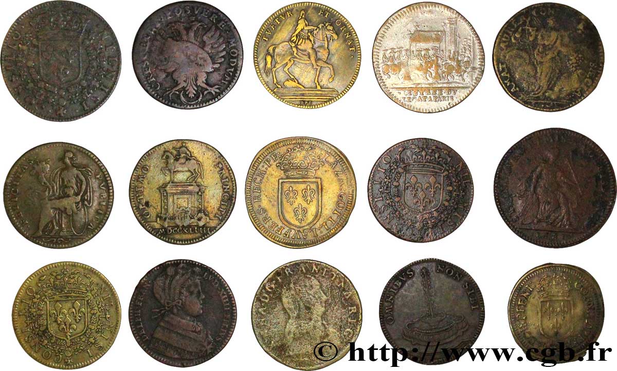 LOTS Lot de quinze jetons royaux états et métaux divers 