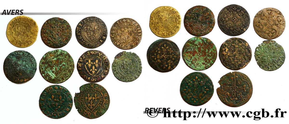 LOTS Lot de dix jetons du Moyen-Âge états et métaux divers, type aux fleurs de lys 