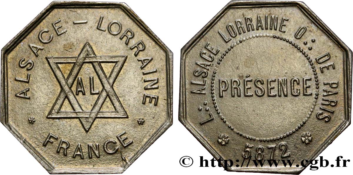 FRANC-MAÇONNERIE - PARIS Jeton de présence, loge Alsace Lorraine SS