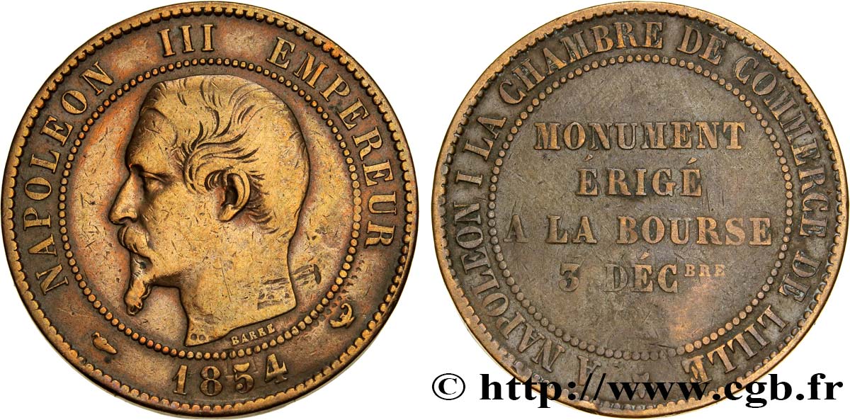 SECOND EMPIRE Module de dix centimes, Monument érigé à la Bourse de Lille le 3 décembre 1854 VF