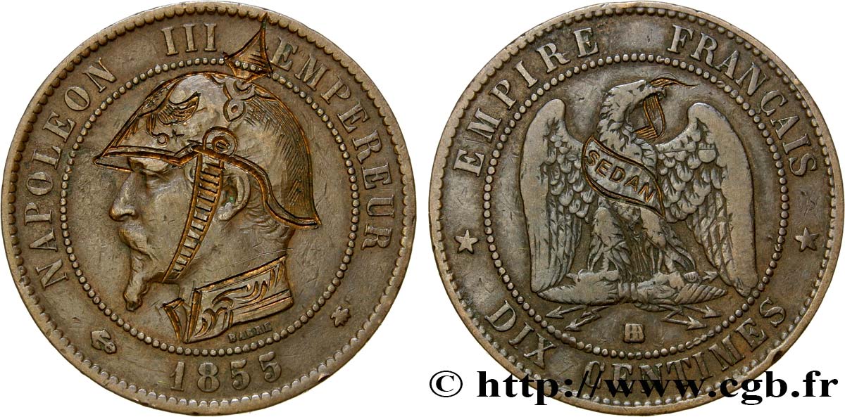 SATIRICAL COINS - 1870 WAR AND BATTLE OF SEDAN Dix centimes Napoléon III, tête nue, satirique XF40
