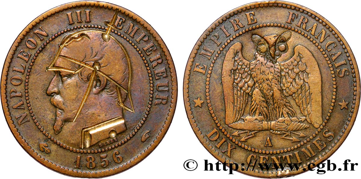 SATIRICAL COINS - 1870 WAR AND BATTLE OF SEDAN Dix centimes Napoléon III, tête nue, satirique VF