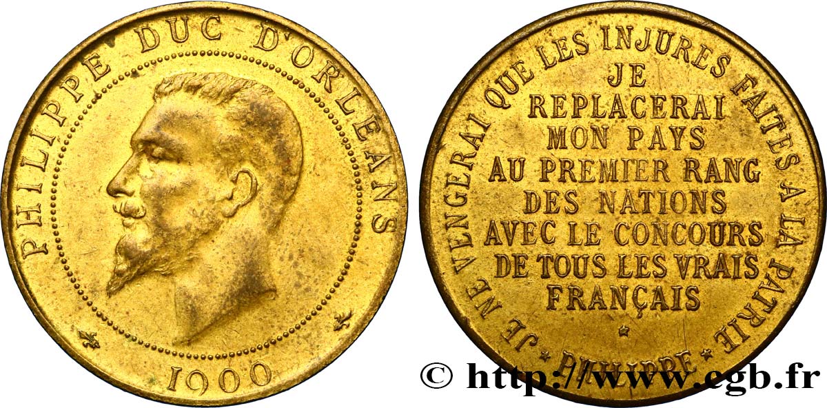 TROISIÈME RÉPUBLIQUE Médaille au module de 10 centimes pour le duc d’Orléans TTB+