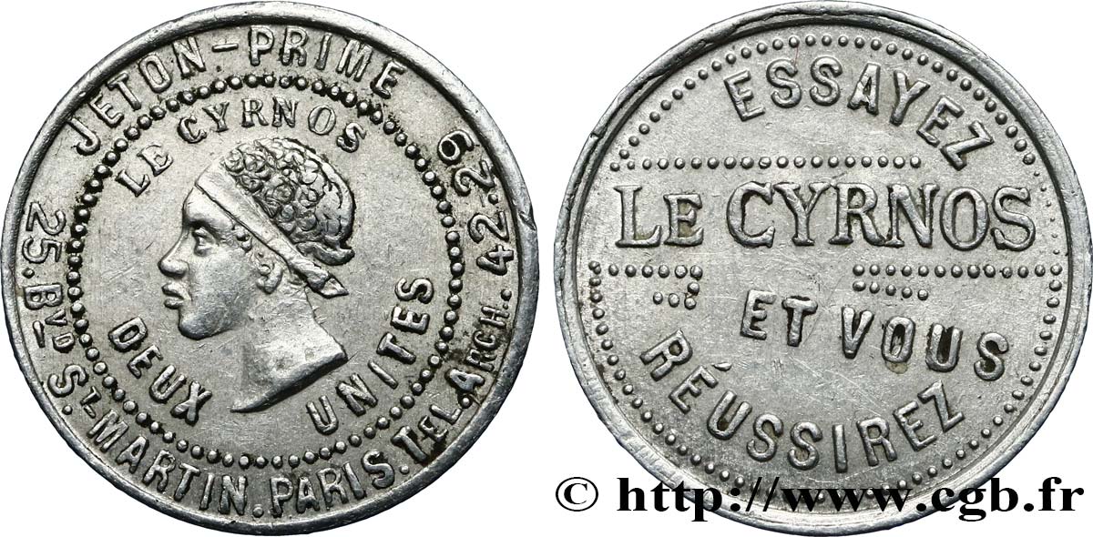 PUBLICITÉ ET JETONS PUBLICITAIRES Médaille publicitaire de 2 unités, Le Cyrnos, à Paris TTB
