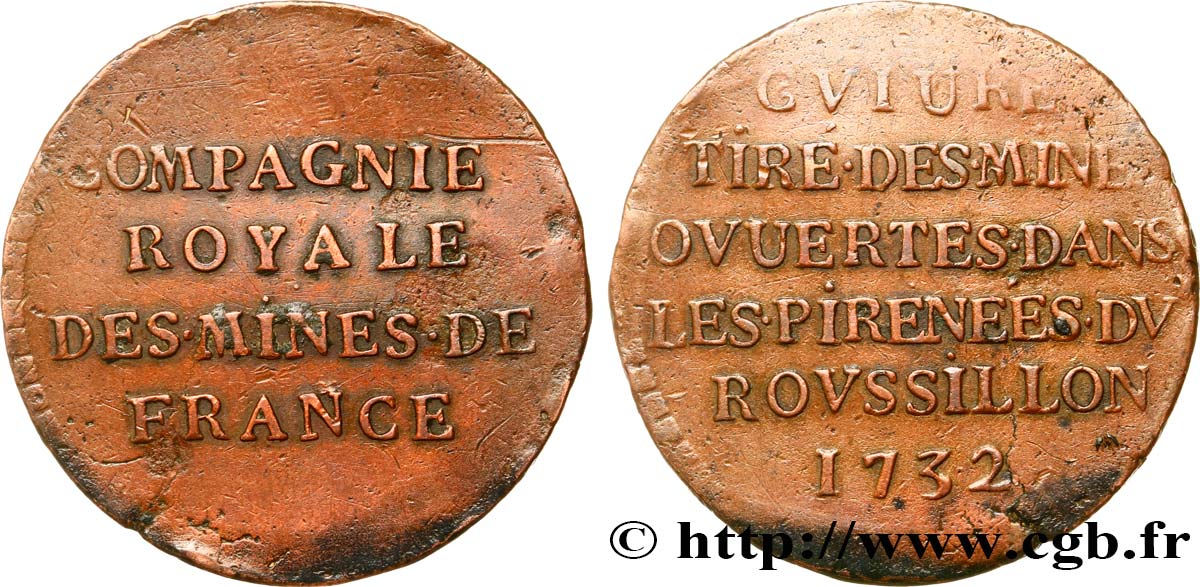 LOUIS XV THE BELOVED Jeton de cuivre des mines des Pyrénées AU/XF