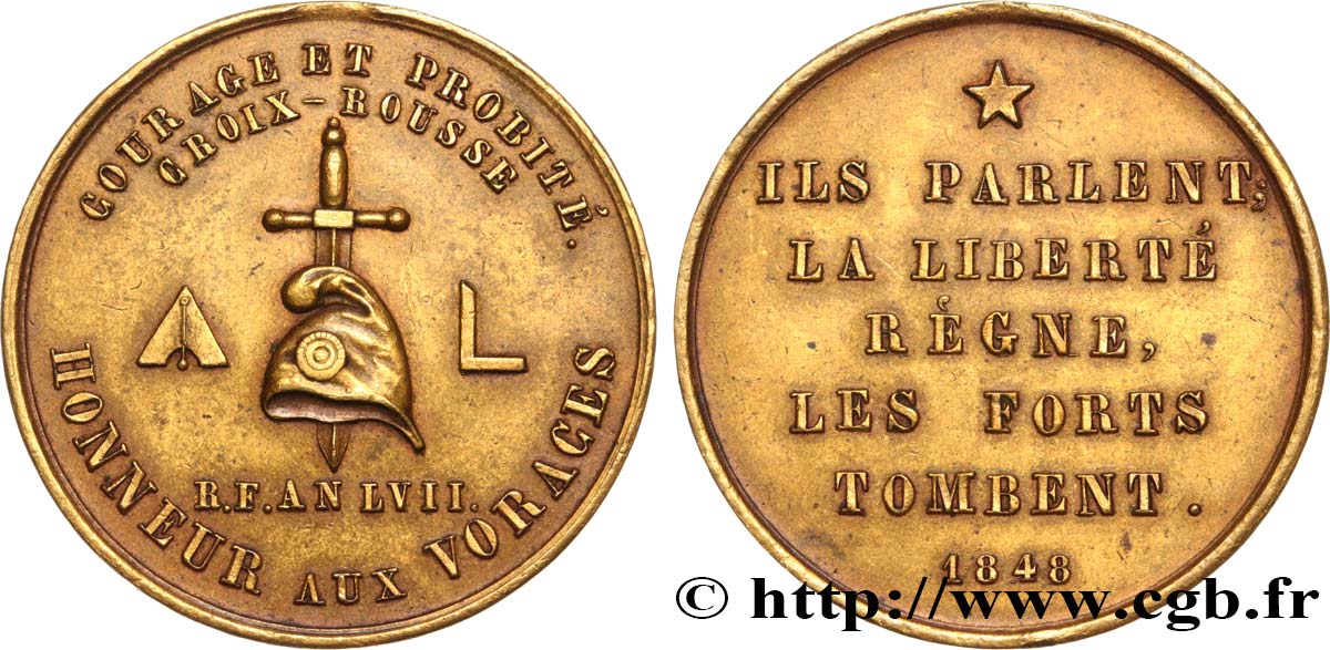 FRANC - MAÇONNERIE RÉVOLUTION DE 1848, MEDAILLE AU COURAGE DU PATRIOTISME TTB