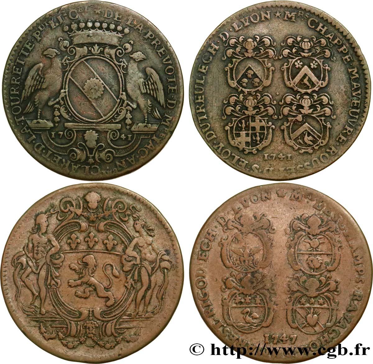 LYONNAIS - CONSULATE OF LYON Jacques-Annibal Claret de la Tourette, seconde prévôté & les quatre échevins - Lot de deux jetons XF