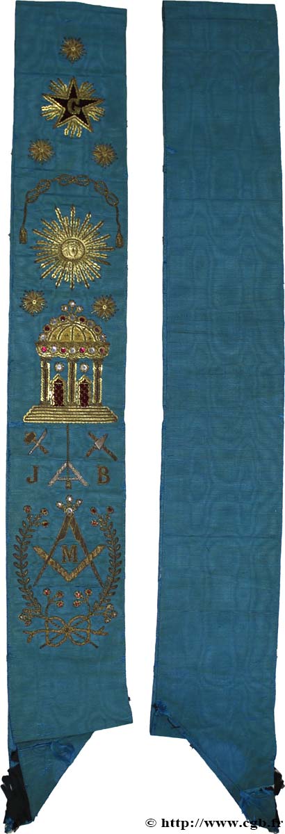 FRANC - MAÇONNERIE Cordon de Maitre du 18° siècle en soie moirée cousu main au fil d’or SUP
