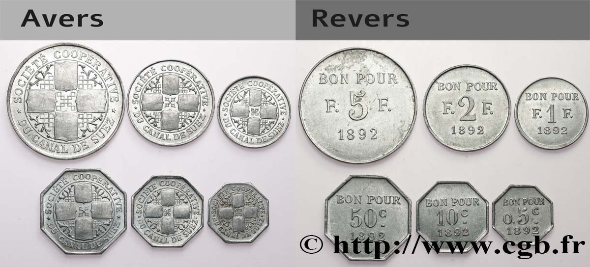 EGITTO - CANALE DI SUEZ Série complète 5, 10 et 50 centimes, 1, 2 et 5 Francs de la Société Coopérative du Canal de Suez,  BB/SPL