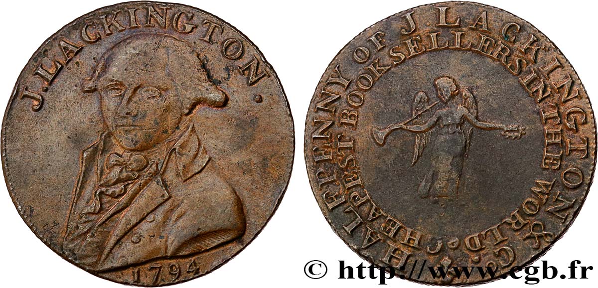 BRITISH TOKENS OR JETTONS 1/2 Penny Londres (Middlesex) J. Lackington XF