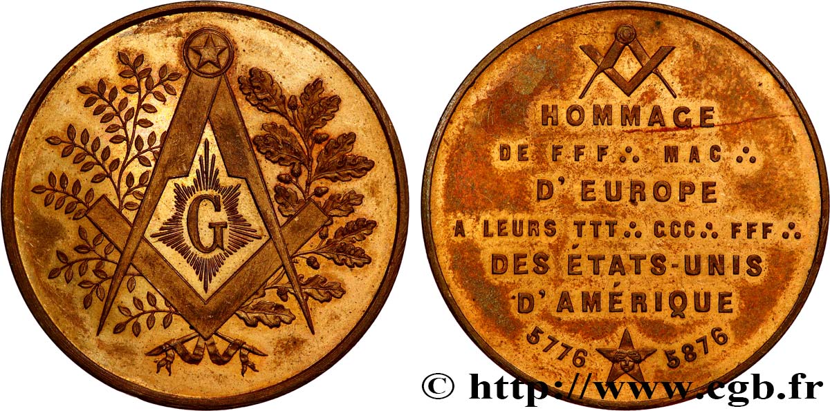 FRANC - MAÇONNERIE CENTENAIRE DE L’INDEPENDANCE AMÉRICAINE TTB+