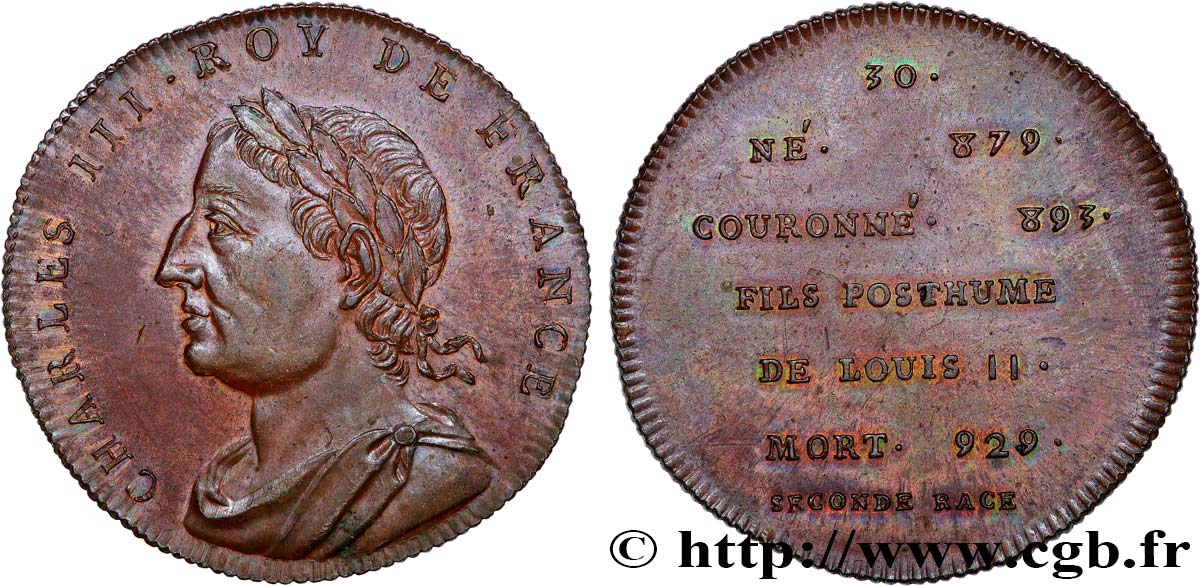 SÉRIE MÉTALLIQUE DES ROIS DE FRANCE Règne de CHARLES III LE SIMPLE - 30 - frappe Louis XVIII, lourde AU