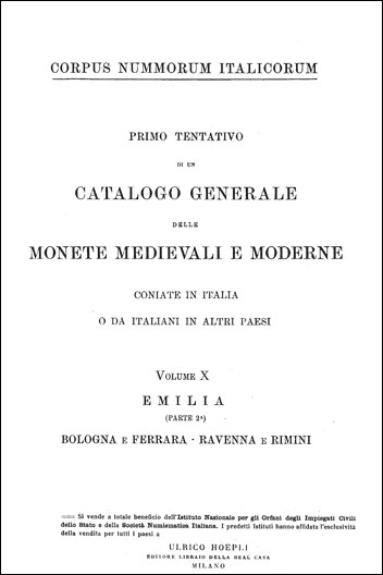 Corpus Nummorum Italicorum, Emilia (Parte II) Bologna e Ferrara Ravenna e Rimini  