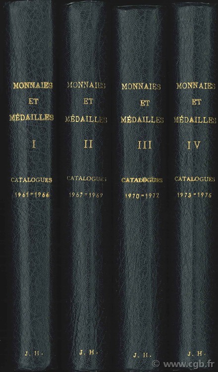 Monnaies et Médailles, listes mensuelles, bien relié en quatre volumes entre 1961 et 1975 : I, n° 271-212 (incomplètes) , II, n° 307-272 ; III, n° 340-308, IV, n° 373-341 