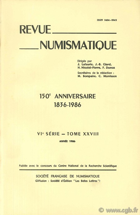 Revue Numismatique 1986, VIe série, tome XXVIII Collectif
