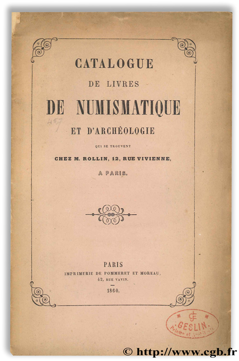 Catalogue de livres de numismatique et d archéologie ROLLIN M.