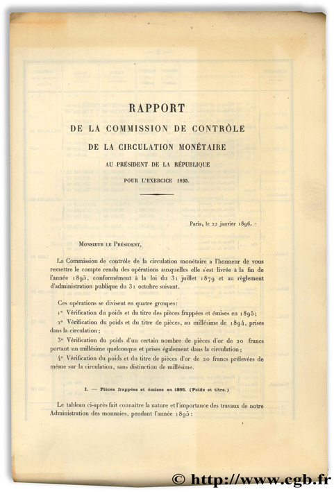 Rapport de la commission de contrôle de la circulation monétaire au Président de la République pour l exercice 1895 Collectif