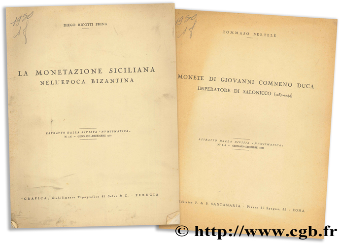 Lot de deux extraits de la revue  Numismatica , N. 1 - 6 , 1950 BERTELE T., RICOTTI PRINA D.