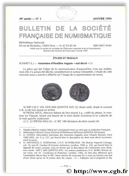 Bulletin de la Société Française de Numismatique - 49e année, n° 1 Collectif