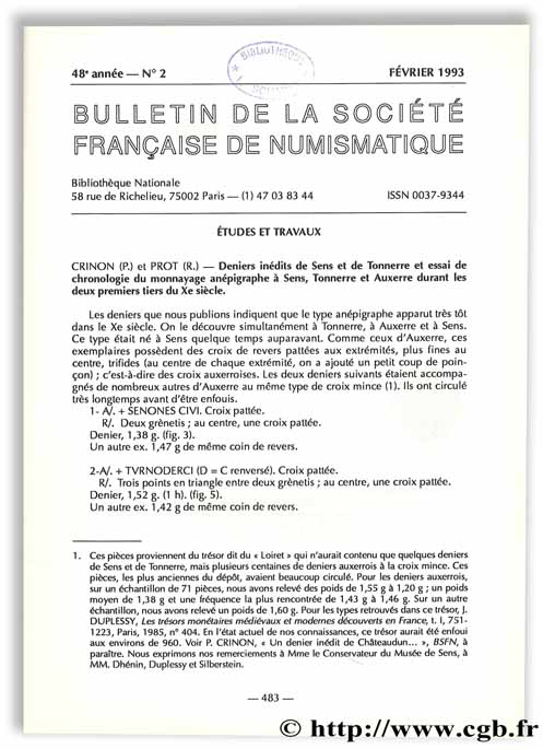 Bulletin de la Société Française de Numismatique - 48e année, n° 2 Collectif