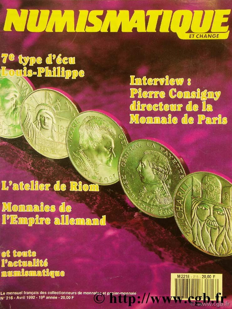 Numismatique et change n°216, avril 1992 NUMISMATIQUE ET CHANGE