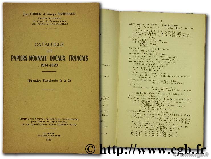 Catalogue des papiers-monnaie locaux français 1914 - 1923  BARREAUD G., FORIEN J.