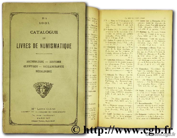 Catalogue de livres numismatiques, archéologie, histoire, glyptique, sigillographie, héraldique, n° 8 CIANI L.