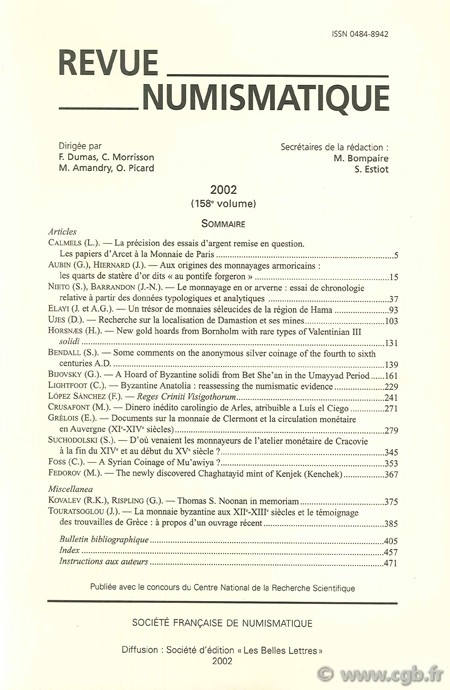 Revue numismatique 2002 (158ème volume) COLLECTIF