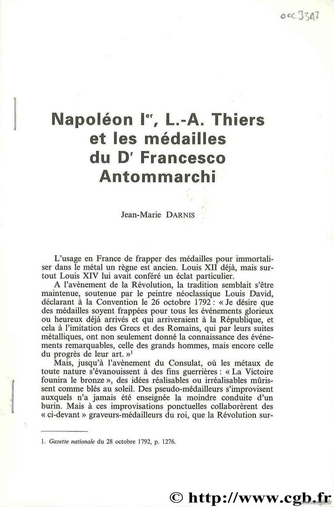 Napoléon Ier, L.-A. Thiers et les médailles du Dr. Francesco Antommarchi DARNIS J.-M.