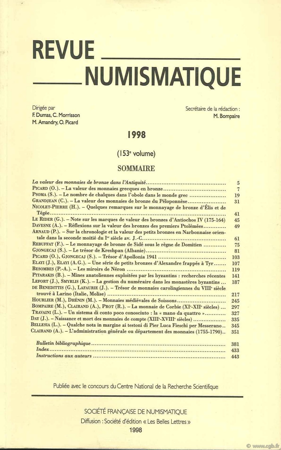 Revue Numismatique, 153e volume 