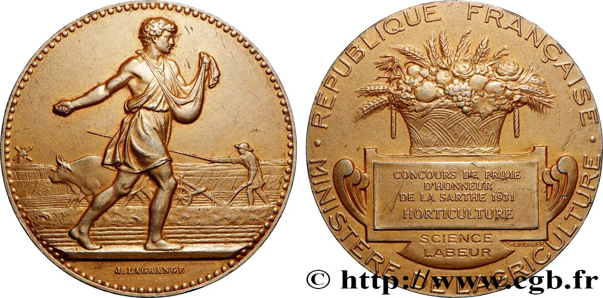 TROISIÈME RÉPUBLIQUE Médaille, Concours de prime d’honneur de la Sarthe TTB+