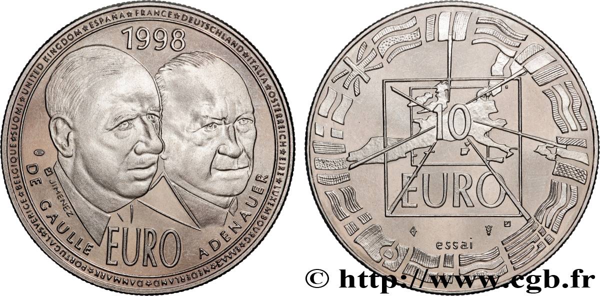 FRANCE “Essai” 10 Euro De Gaulle / Adenauer en bronze florentin SUP