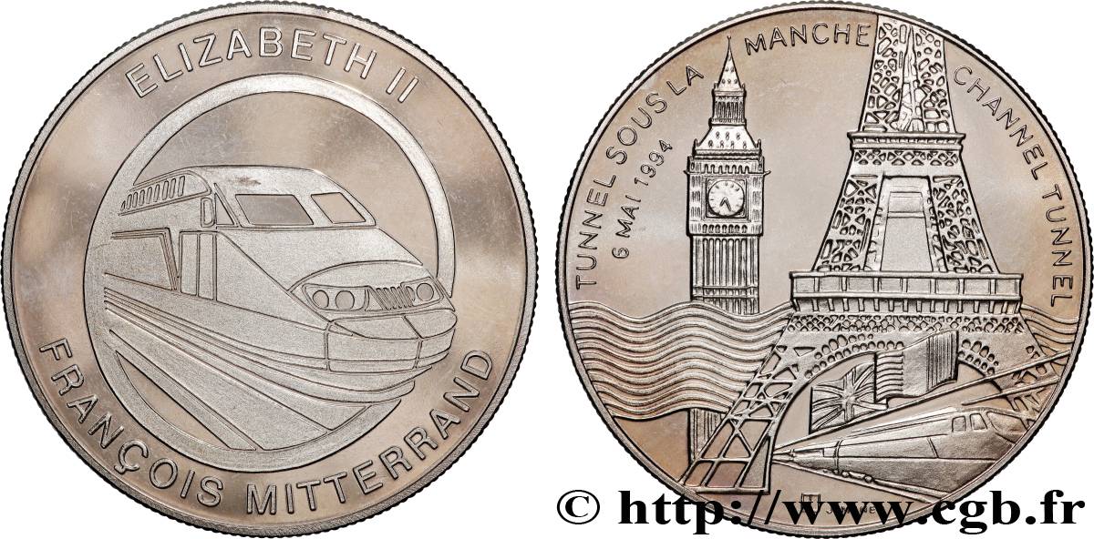 V REPUBLIC Médaille, Tunnel sous la Manche, Elisabeth II et François Mitterrand AU