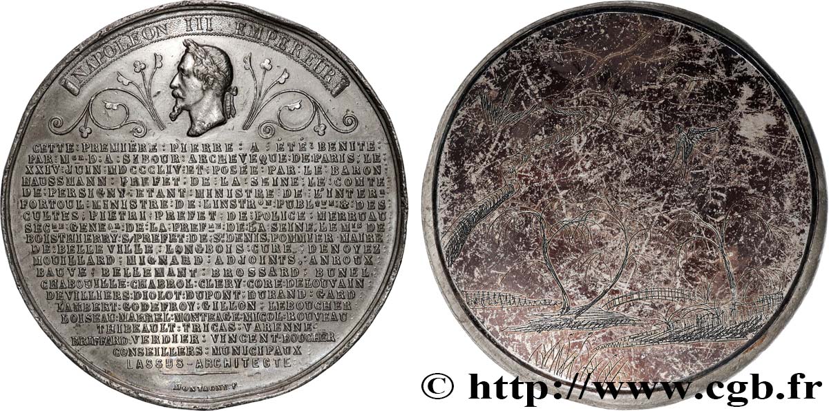 SECOND EMPIRE Médaille, Première pierre de l’église Saint Jean-Baptiste à Belleville, bénite par l’archevêque de Paris, Monseigneur Sibour, et posée par le Baron Haussman TTB+
