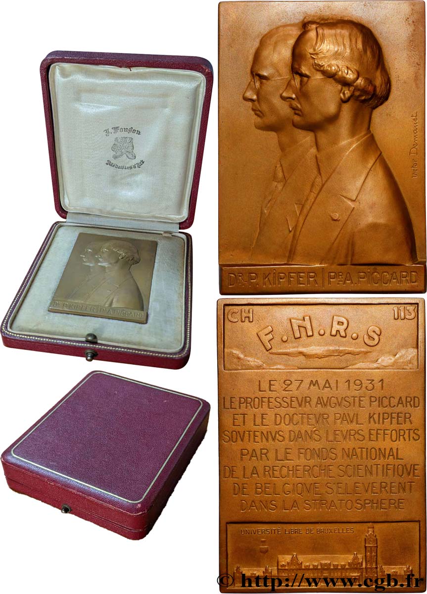 BELGIO - REINO DE BELGIO - ALBERTO I Plaquette, Université libre de Bruxelles, Professeur Auguste Piccard et Docteur Paul Kipfer SPL