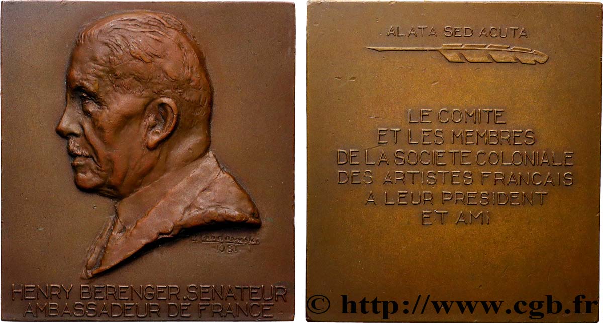 III REPUBLIC Plaquette, Henry Berenger, sénateur et ambassadeur AU
