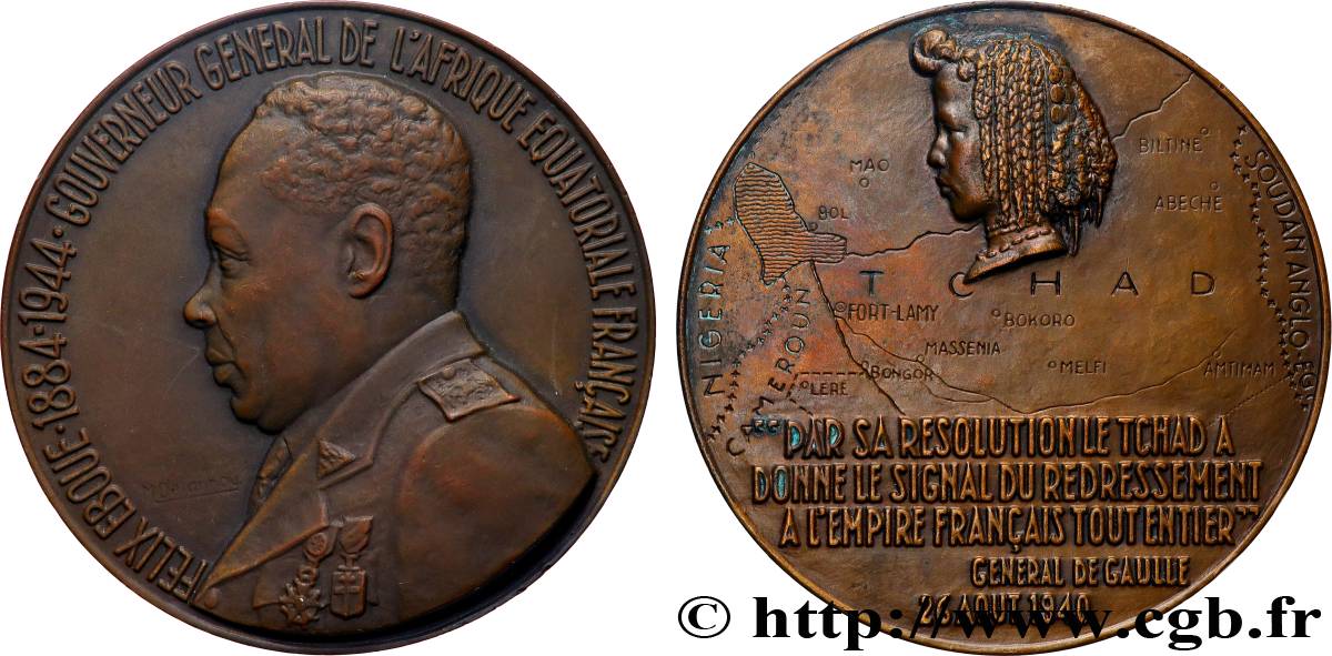 FRENCH EQUATORIAL AFRICA - FREE FRENCH FORCES Médaille, Félix Eboue, Gouverneur général de l’Afrique Équatoriale Française AU/AU