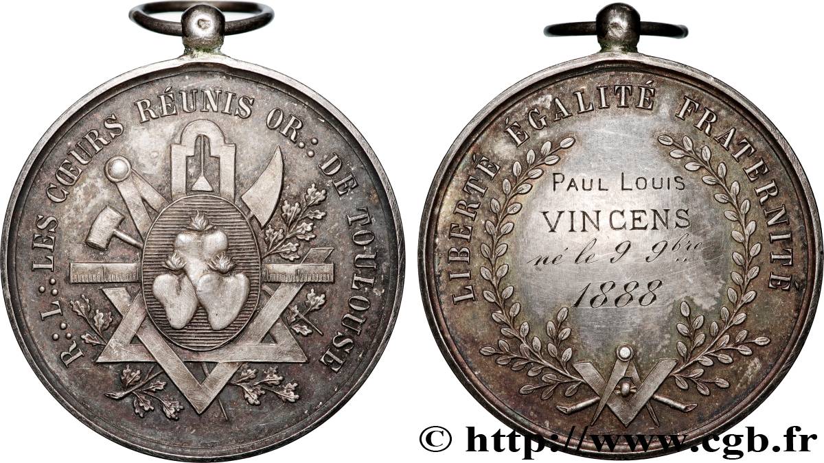 FREEMASONRY Médaille, Orient de Toulouse, Coeurs réunis XF