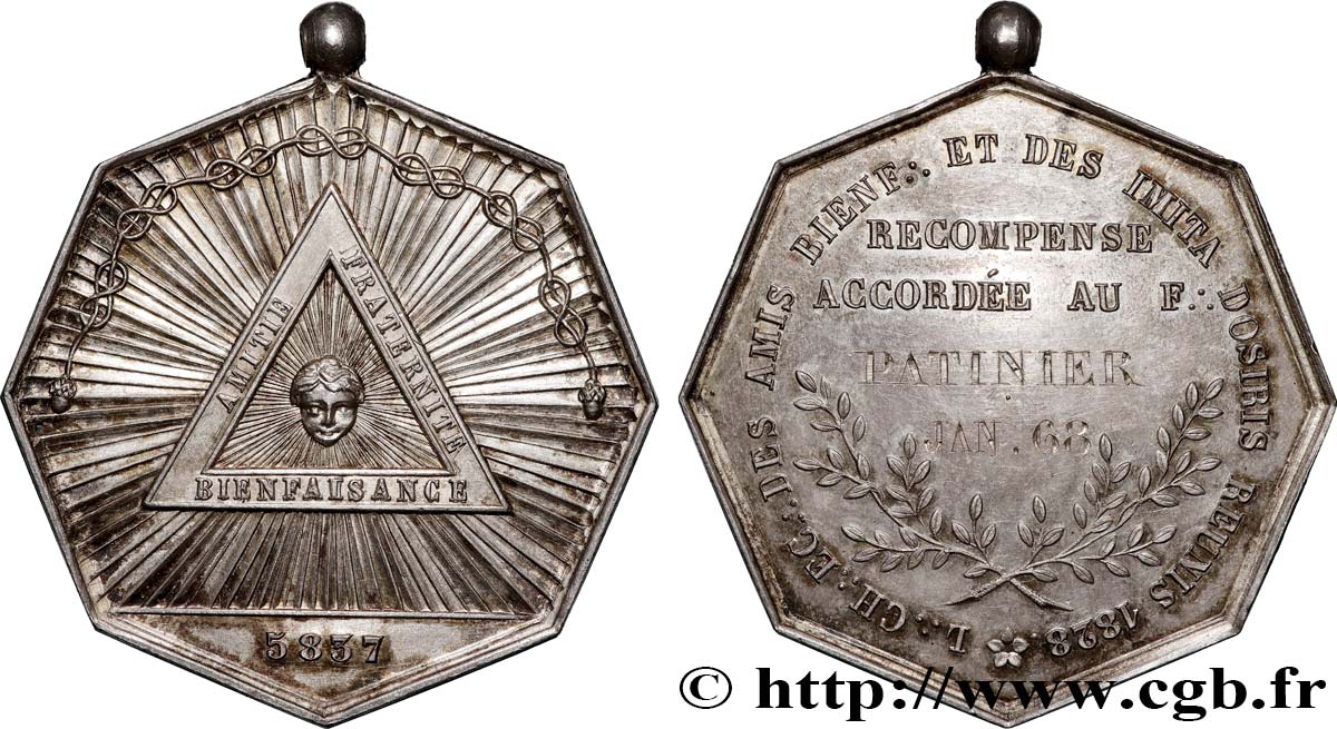 FRANC - MAÇONNERIE Médaille, Les amis bienfaisants et les imitateurs d’Osiris réunis TTB+