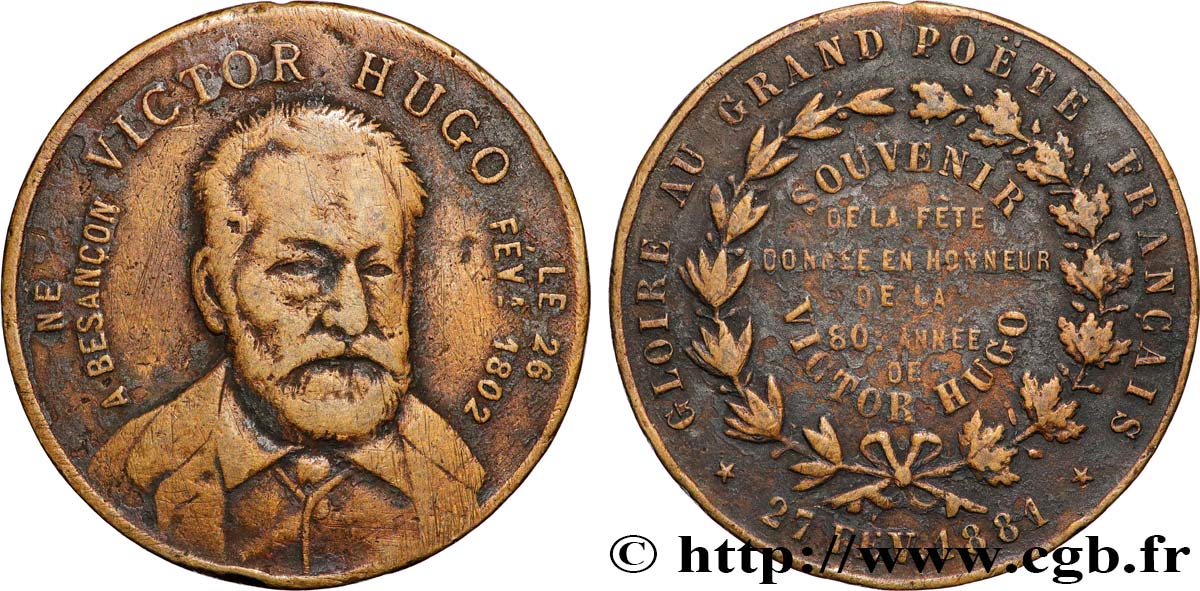 III REPUBLIC Médaillette, Souvenir de la fête, Victor Hugo VF