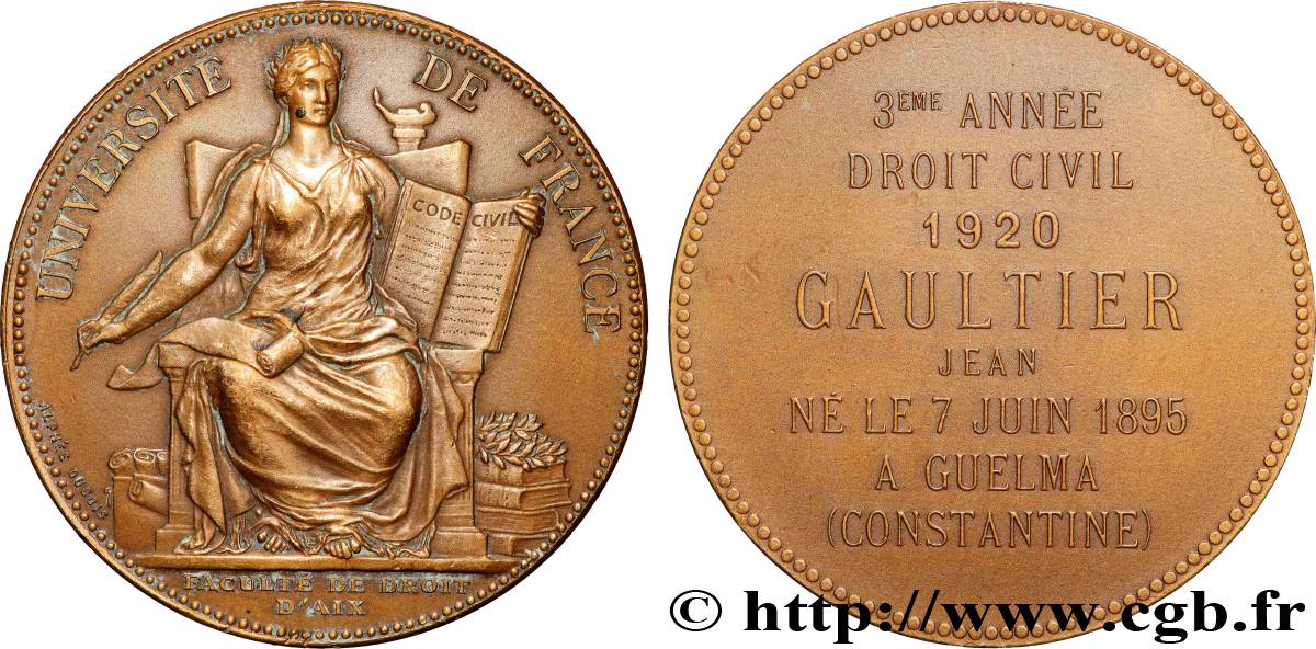 TERZA REPUBBLICA FRANCESE Médaille, Faculté de droit d’Aix, Droit civil q.SPL/SPL