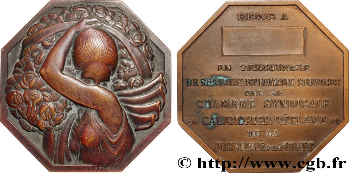 III REPUBLIC Médaille, Porteuse de fleurs par Pierre Turin, Chambre syndicale du calendrier réclame XF